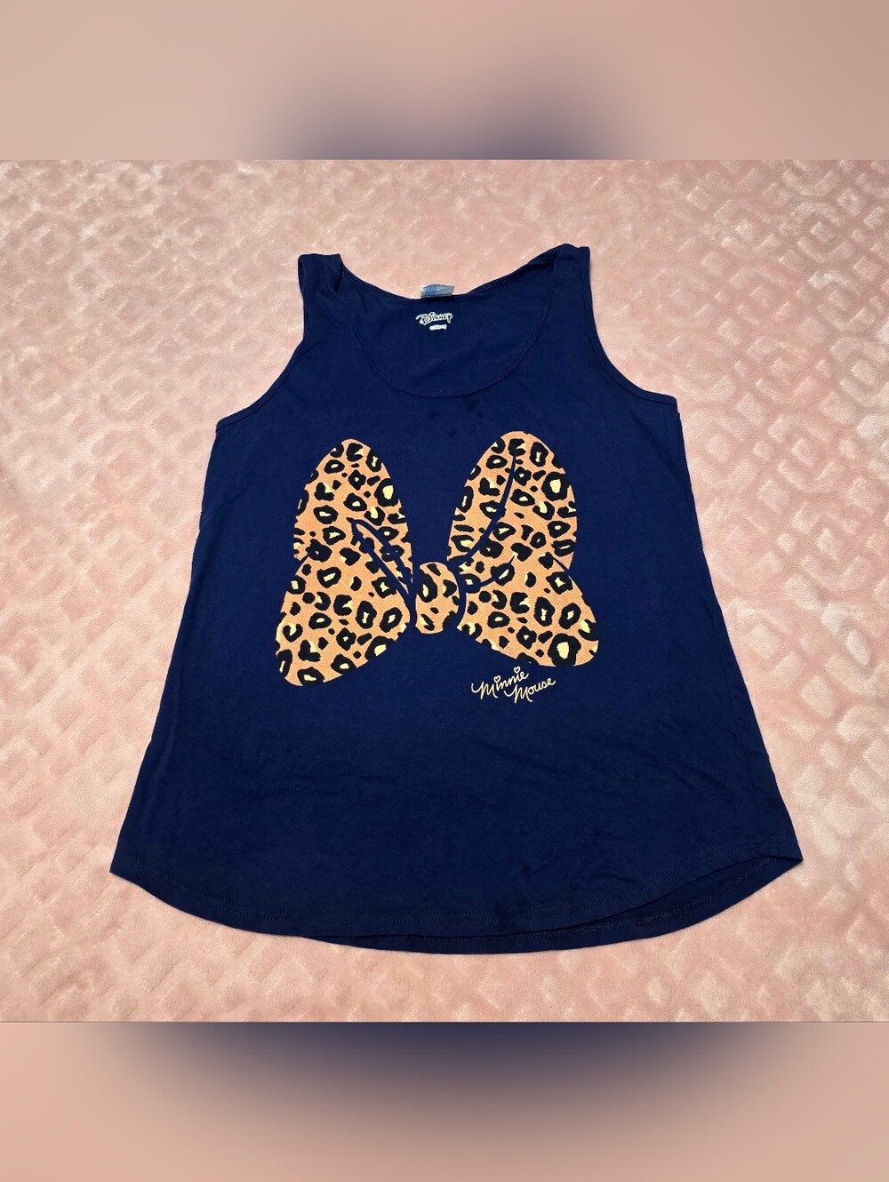 Disney Minnie Mouse Animal Print Bow Tank Top Womens Sz Large Navy Blue